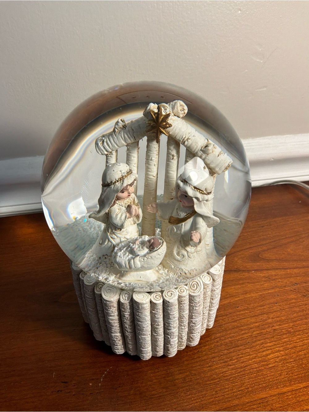 Ivory Nativity Musical Snow Globe Holiday Decor with Gold Accents